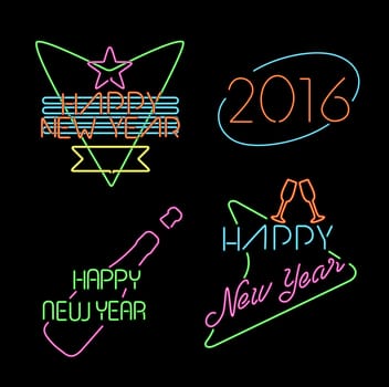 Happy new year 2016 neon light style label set, retro designs with text and holiday celebration elements. EPS10 vector.