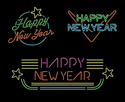 Happy New Year retro label set, isolated neon light style designs with text, stars and geometry elements. EPS10 vector.