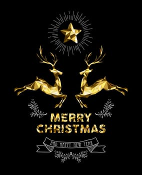 Merry Christmas happy new year elegant label design illustration in gold low poly style with reindeer and hand drawn ornament decoration. Ideal for holiday greeting card, Xmas poster or web.  EPS10 vector.
