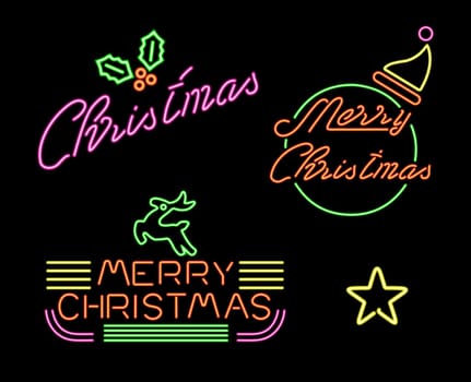 Merry Christmas retro label set in neon light style, 50s 60s decoration with Xmas text and holiday elements. Includes holly, Santa hat, star, reindeer. EPS10 vector.