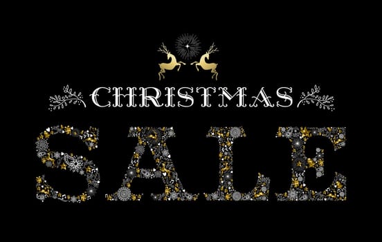 Christmas sale design with reindeer label in gold color and holiday elements making text shape. Ideal for commercial campaign, shop poster or web. EPS10 vector.