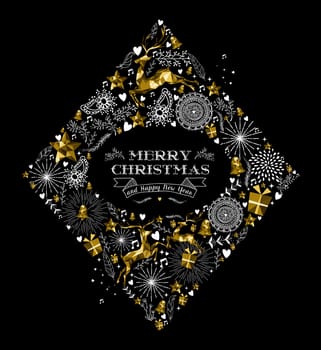 Merry Christmas  Happy New Year vintage greeting card design, gold low poly reindeer and Xmas elements with hand drawn holiday nature shapes. EPS10 vector.