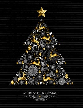 Merry Christmas retro greeting card design with gold low poly reindeer, stars and holiday elements making xmas pine tree silhouette shape. EPS10 vector.   .