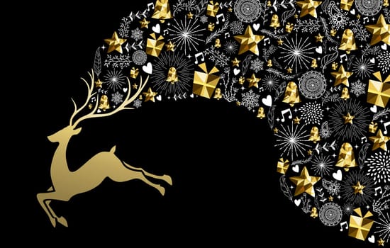 Christmas new year concept illustration design, jumping golden reindeer silhouette with gold low poly holiday elements. Ideal for xmas greeting card.  EPS10 vector.   .