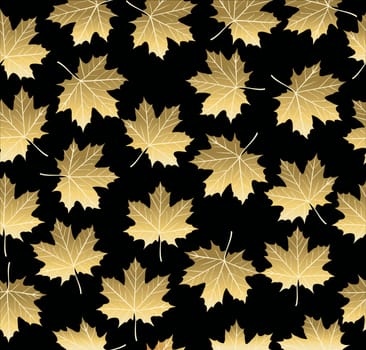 Gold maple tree leaf fall autumn concept seamless pattern on black background. Ideal for card, wrapping paper or print texture. EPS10 vector.