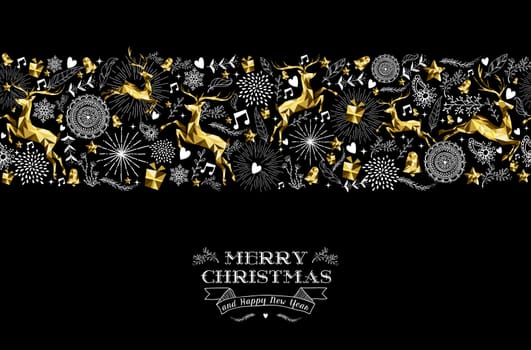 Merry christmas happy new year label design with holiday seamless pattern, reindeer silhouette and xmas elements in gold low poly style. Ideal for greeting card, poster or web. EPS10 vector.   .