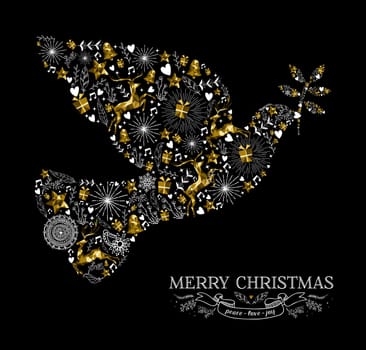 Merry Christmas Happy New Year greeting card design, holiday elements and reindeer in gold low poly style making peace dove bird shape silhouette. EPS10 vector.