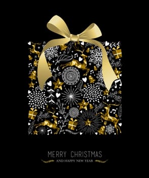 Merry Christmas Happy New Year greeting card design, holiday elements and reindeer in gold low poly style making gift shape silhouette. EPS10 vector.