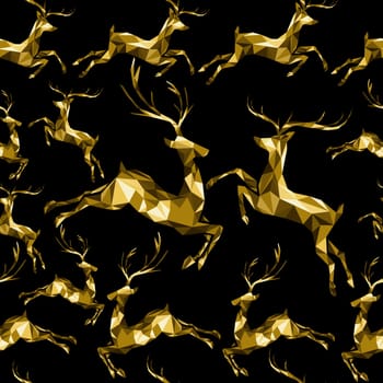Festive gold low poly reindeer seamless pattern, deer concept background ideal for Christmas greeting card, new year poster or wrapping paper. EPS10 vector.