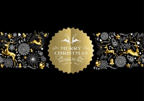 Merry Christmas Happy New Year gold label badge with low poly golden reindeer and holiday elements seamless pattern. Ideal for xmas greeting card, poster or web. EPS10 vector.   .