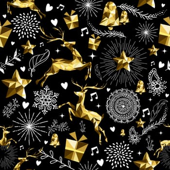 Festive retro seamless pattern with gold luxury low poly reindeer and holiday elements. Ideal for christmas greeting card background, new year or web.  EPS10 vector.   .