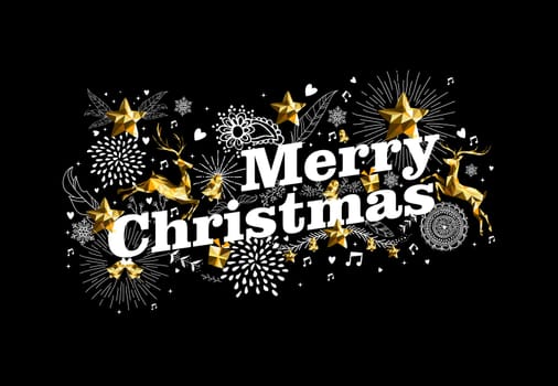 Merry christmas greeting card design with text, gold low poly reindeer and retro holiday shapes. EPS10 vector.