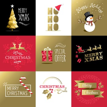 Merry christmas retro style design set in gold colors, includes greeting card designs, labels, sale illustrations and holiday elements. Ideal for winter season. EPS10 vector.