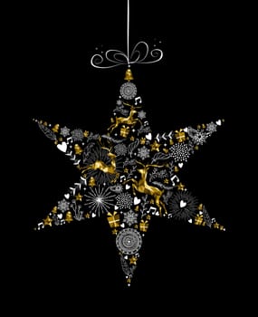 Merry Christmas Happy New Year greeting card design, holiday elements and reindeer in gold low poly style making star ornament shape silhouette. EPS10 vector.