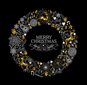 Merry Christmas label design with elegant wreath made from gold low poly reindeer silhouettes and hand drawn holiday elements. Ideal for Xmas greeting card. EPS10 vector.