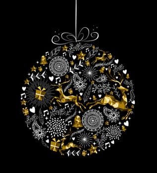 Merry Christmas Happy New Year greeting card design, holiday elements and reindeer in gold low poly style making bauble ball ornament shape silhouette. EPS10 vector.