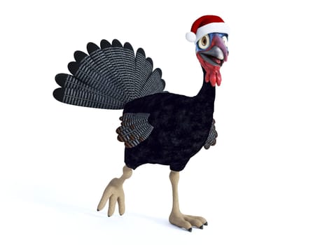 A funny silly looking cartoon turkey wearing a Santa hat, smiling and looking very happy. White background.