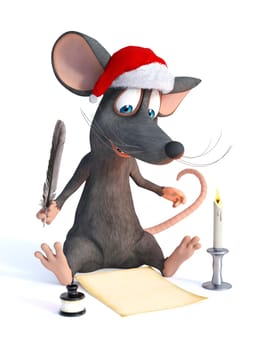 A cute smiling cartoon mouse sitting on the floor wearing a Santa hat and writing his Christmas wish list. White background.