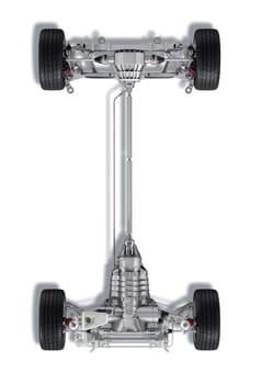 Under carriage technical 3 D rendering, of a generic sedan contemporary car. On white background, with clipping path.