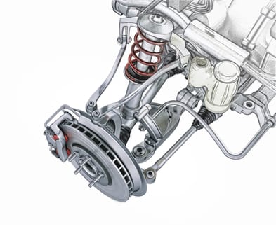 Multi link front car suspension, with brake. perspective view. Photorealistic 3 D rendering, with morphing effect to sketch hand drawing.