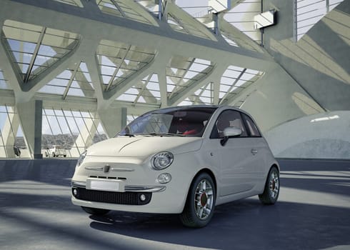 Fiat 500 city car white, alone in the middle of a huge modern building environment.
