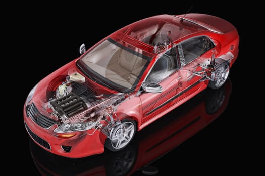 Generic sedan car detailed cutaway representation, with ghost effect, on black backgound. Clipping path included.