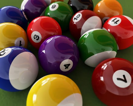 Group of billiard balls with numbers, on green carpet table. Close up view.