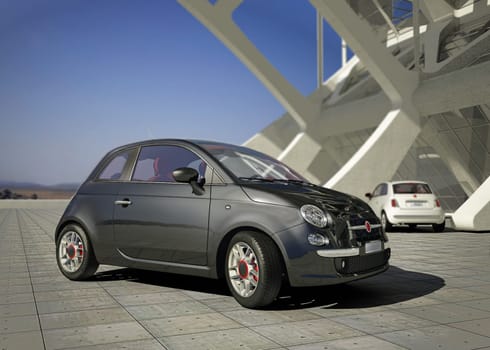 Fiat 500 city car, outside of a modern industrial building environment, in daylight.