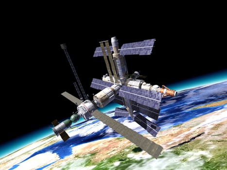 Space station in orbit around Earth. WIth large portion of the Earth at the bottom.
