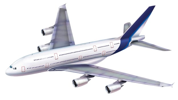 A 380 passenger aircraft. Viewed from above in perspective, on white background, with clipping path.