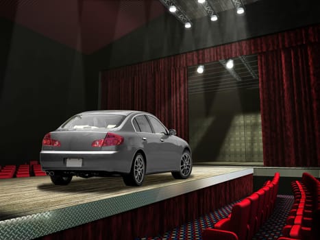 Sedan car on a fashion runway, in the spotlght. No people on the seats around.