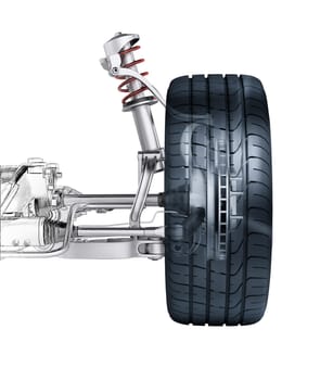 Multi link front car suspension, with brake. frontal view. Photorealistic 3 D rendering, with morphing effect to sketch hand drawing.