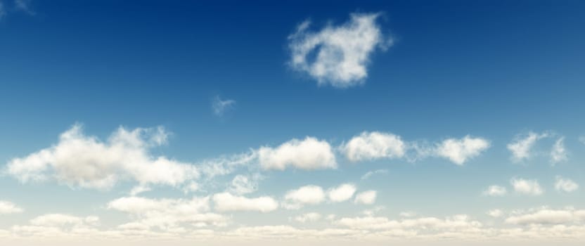 Blue sky with fluffy white clouds. Wide format. Computer generated Image.