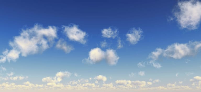 Blue sky with fluffy white clouds. Wide format. Computer generated Image.
