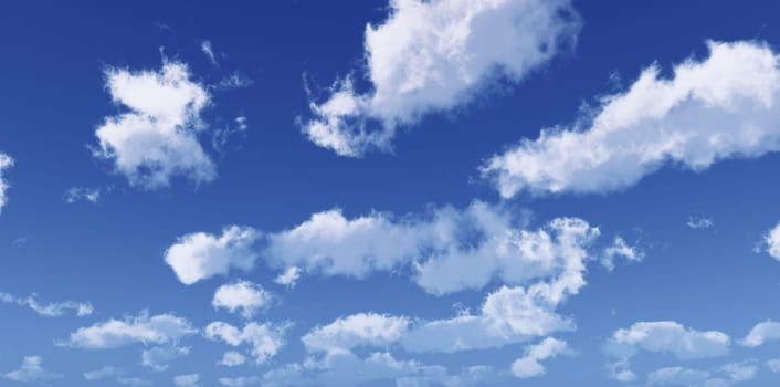 Blue sky with fluffy white clouds. Wide format. Computer generated Image.