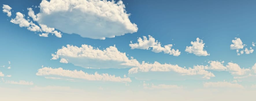 Blue sky with fluffy white clouds. Wide format. Computer generated Image.