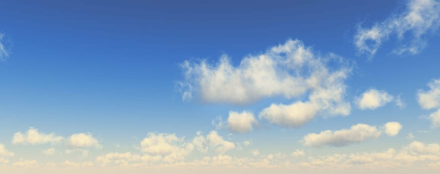 Blue sky with fluffy white clouds. Wide format. Computer generated Image.