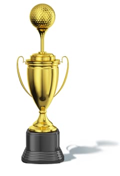 Trophy cup, with a tee and golf ball at the top. All in gold, with black basement. Clipping path included.