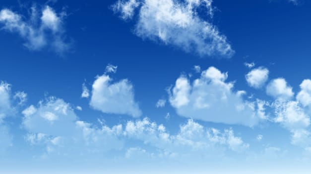Blue sky with fluffy white clouds. Wide format. Computer generated Image.