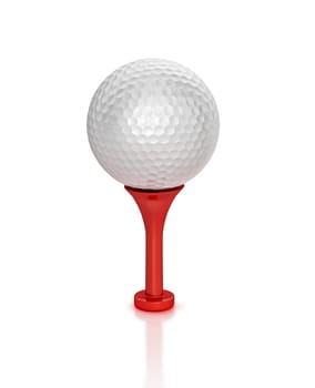 3D digital rendering of a Golf ball placed on tee, on white surface, with clipping path.
