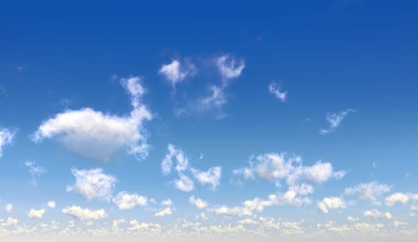 Blue sky with fluffy white clouds. Computer generated Image.
