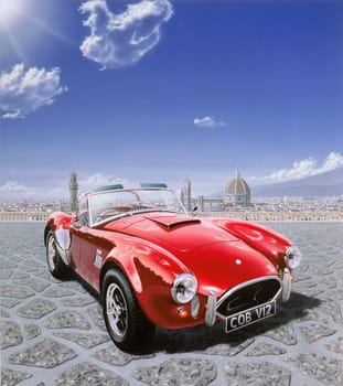 AC Cobra car, in Michelangelo Square in Florence, Italy. With the cityscape in the background. Airbrush illustration.