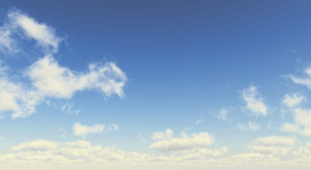 Blue sky with fluffy white clouds. Wide format. Computer generated Image.