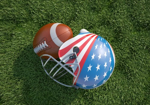 American football helmet, decorated as American stars and stripes flag and oval ball, on the grass. Close up. Top view.