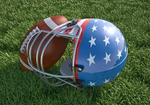 American football helmet decorated as American flag, with stars and stripes and ball, on the grass. Close up.