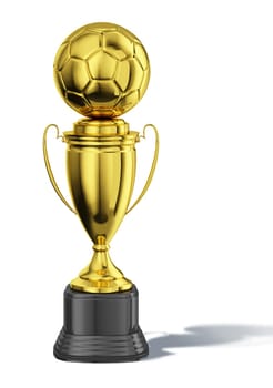 Trophy cup, with a soccer ball at the top. All in gold, with black basement.