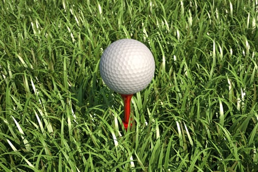 Golf ball isolated on tee in the grass, Close up, bird eye view