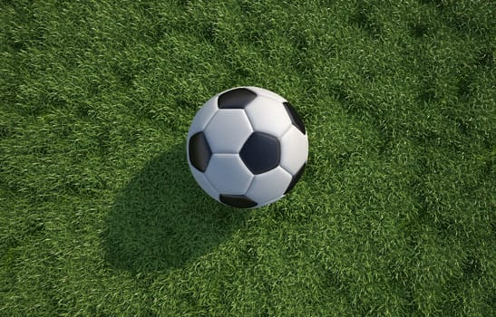 Soccer/football ball close up on grass lawn. Top view. In sun light with drop shadow. Horizontal format. Clipping path included.