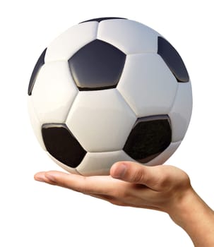 Man's hand holding a soccer ball on palm, viewed from a side. On white background. Clipping path included.