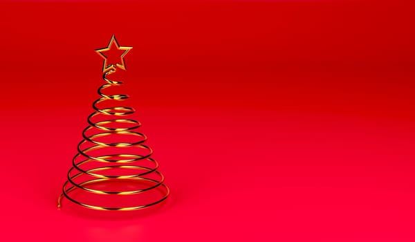 Gold spiral Christmas tree on red background